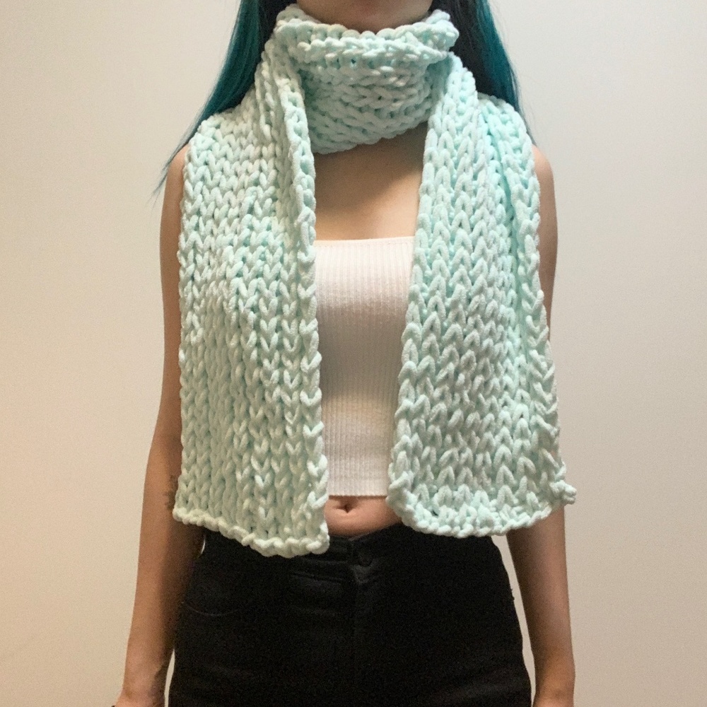 Handknit Light Pastel Sky Blue Chunky Chenille Knit Scarf Handmade Winter Gift